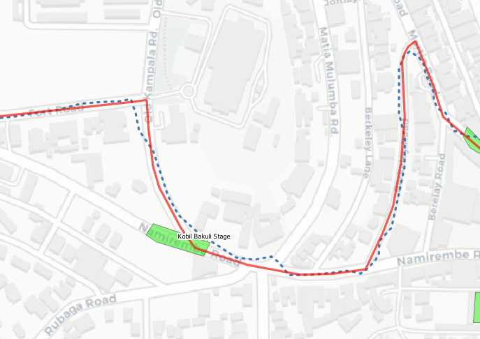 Raw Trace (Dotted Blue) overlaid with its processed trace aligned with OSM (Red)